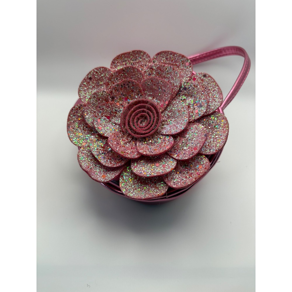 Metallic Pink Round Mini Handbag with 3D Glitter Flower Applique